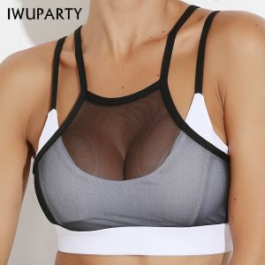 IWUPARTY Sexy White Black Hollow Out Mesh Sport Bra Top Women Padded High Impact Underwear Double Thin Shoulder Strap Sports Bra