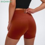 SHINBENE Slim Fit High Waist Yoga Sport Shorts Women Plain Soft Nylon Fitness Running Shorts Tummy Control Workout Gym Shorts
